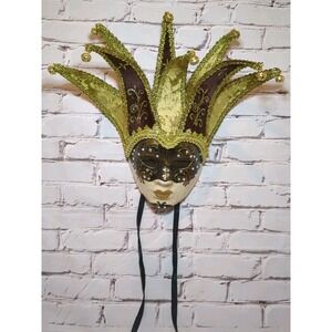 Mardi Gras Large Jester Joker Crackle Venetian Masquerade Mask Brown & Gold